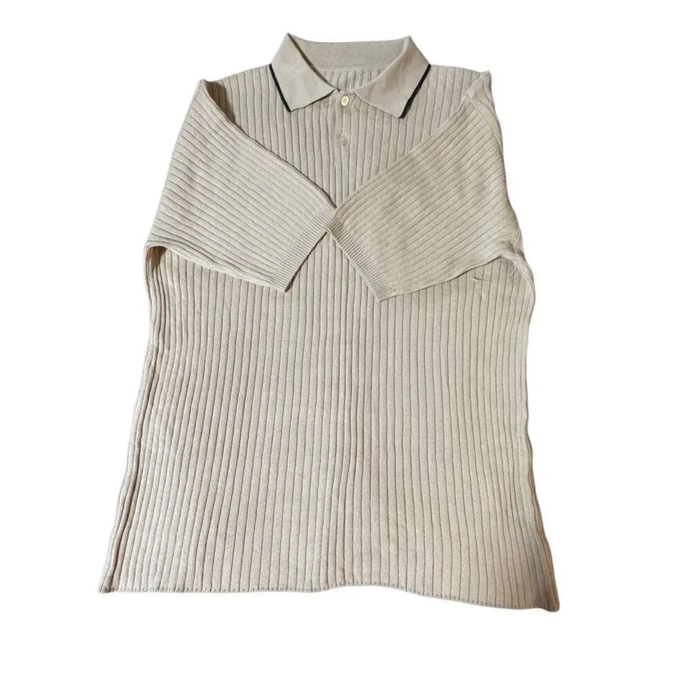 Beige rib knitted short sleeve polo shirt M